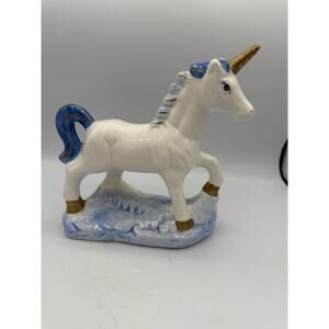 Vintage Ceramic Unicorn Figurine White Blue Gold 8” x 7.5” Mythical Decor